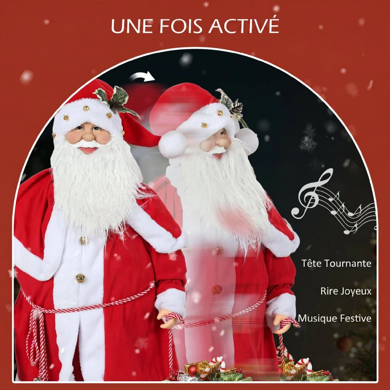 HOMCOM Figurine de Père Noël, Debout de Père Noël Rouge Traditionnelle 140 cm avec Sac de Cadeaux, Effets Sonores et Cloche