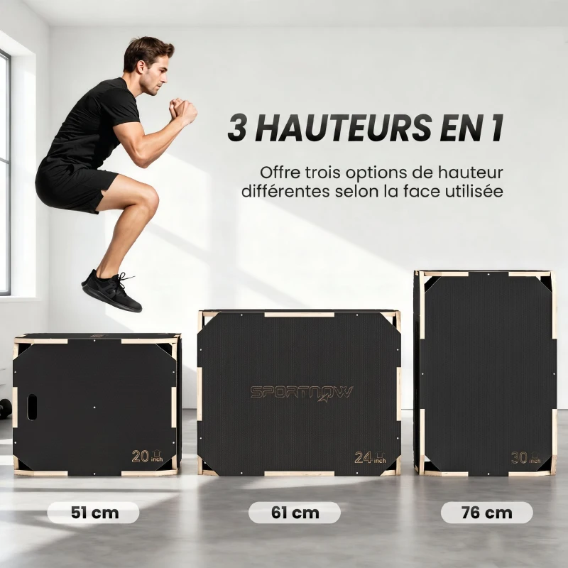 SPORTNOW Boîte Plométrique 3 en 1 en Bois pour Entraînement au Saut, Antidérapant et sans Coins, 76x61x51cm, Noir
