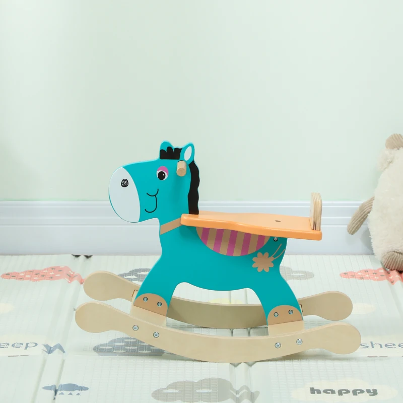 AIYAPLAY Cheval à bascule pour enfants, âne jouet à bascule bébé en bois avec guidon et base stable, 59 x 27 x 43 cm, vert foncé