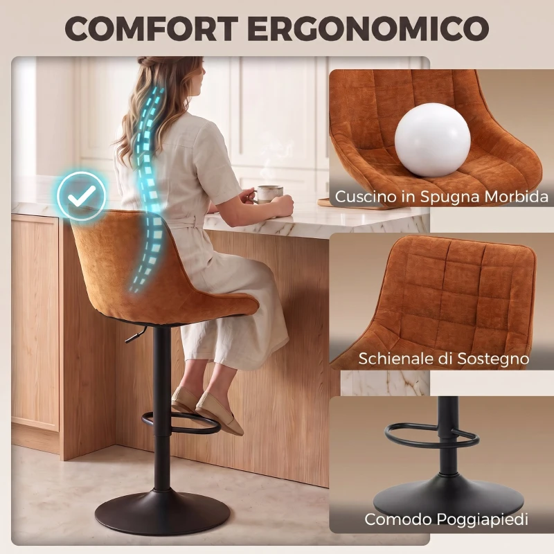 HOMCOM Set 2 Sgabelli da Bar Girevoli e Regolabili con Base in Metallo e Schienale in Velluto, Arancione