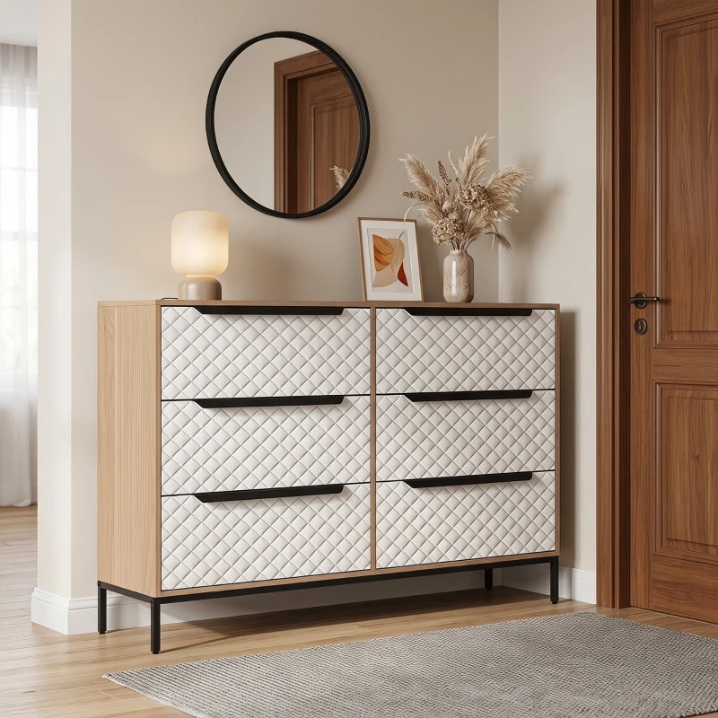 HOMCOM Cómoda con 6 Cajones de Tela Frentes con Patrón de Diamante para Salón Oficina Vestidor Natural y Blanco