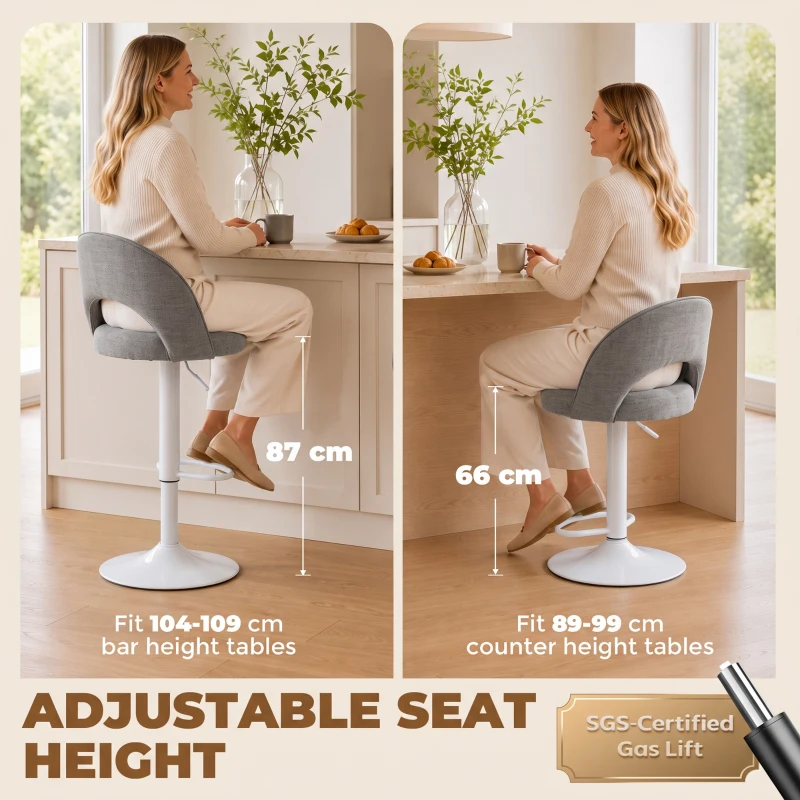 HOMCOM Lot de 2 Tabourets de Bar, Chaises de Bar Réglables en Hauteur, Assise Rembourrée en Chenille, Pivotant 360°, Gris