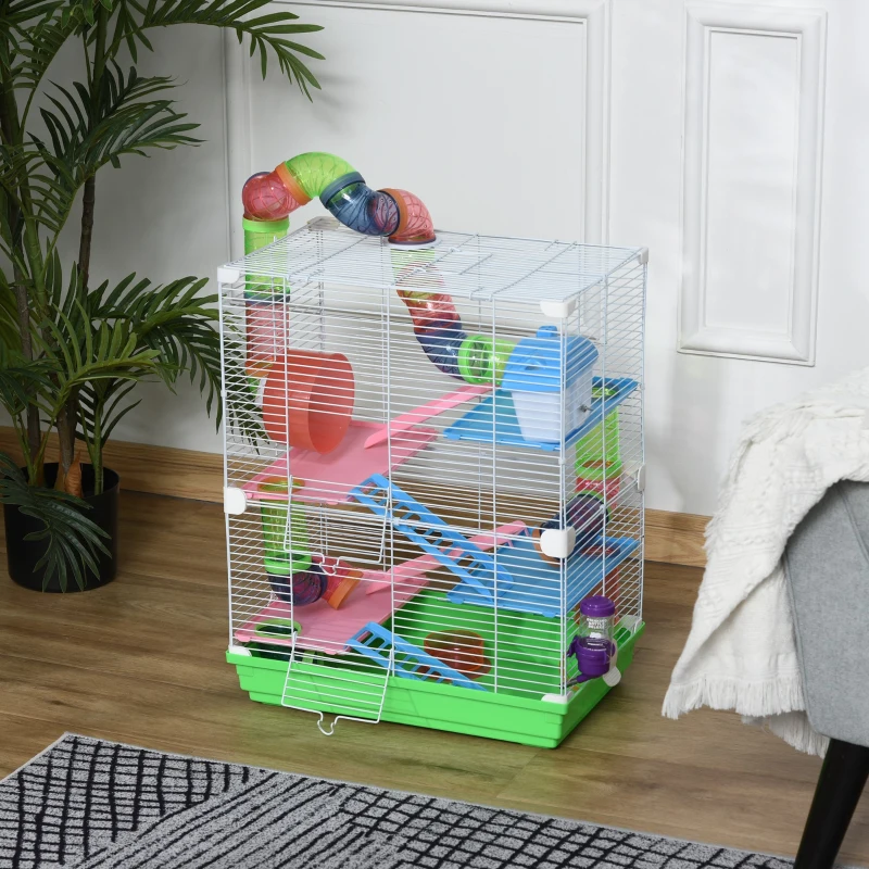 PawHut Cage pour hamster et gerbille à 5 étages, habitat sécurisé en grillage métallique avec tunnels, roue, maison et échelles, 46 x 30 x 58 cm, vert(m-10)