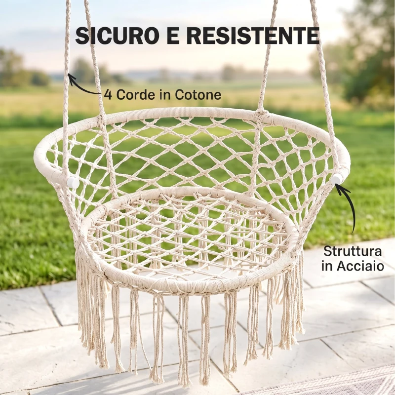 Outsunny Amaca da Giardino in Stile Boho Chic, Sedia Sospesa in Poliestere e Macramè per Interni ed Esterni, Crema, 80x60x36cm