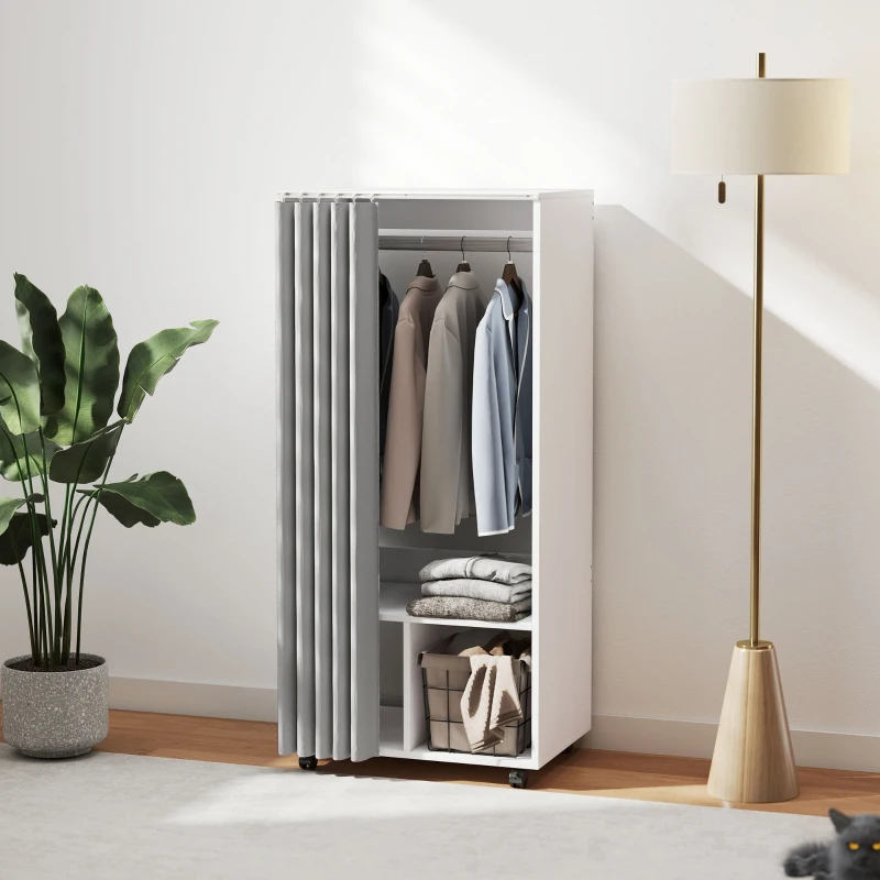 HOMCOM Armario Ropero con Ruedas Cortina Barra para Colgar 2 Compartimentos para Dormitorio 60x40x128 cm Blanco