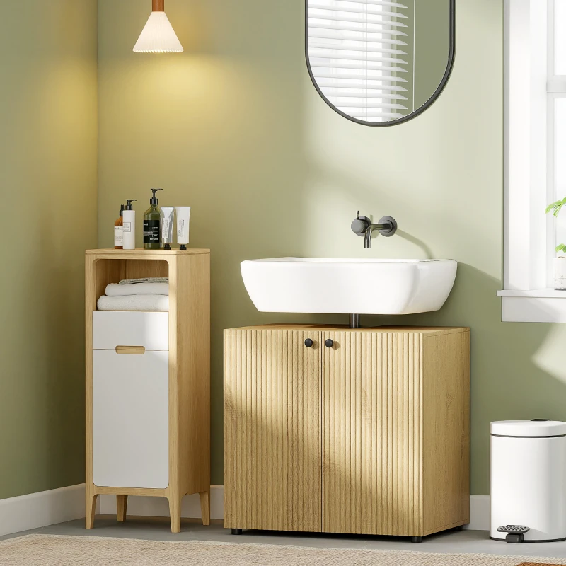 HOMCOM Meuble sous lavabo, meuble de salle de bain 2 portes à fermeture amortie, étagère réglable, 60x39,8x58,5cm, bois naturel