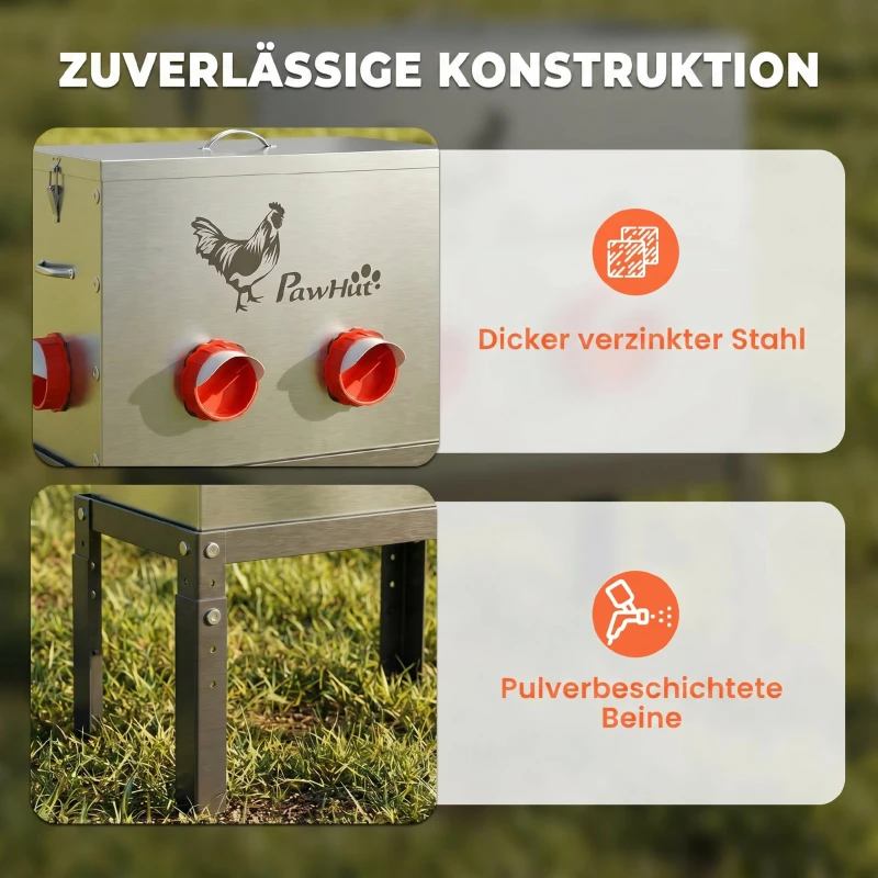 PawHut Futterautomat Hühner 18 kg Füllmenge mit abschließbarer Deckel verstellbarer Beine 6 Öffnungen 42x25x55,5 cm Silber