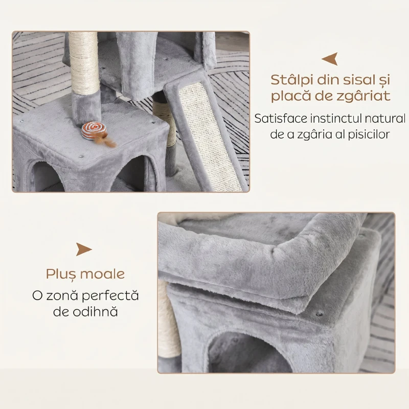 PawHut Ansamblu pentru pisici cu stalpi din sisal, pat si 2 case cu tapiterie de plus, 59x39x83cm, gri