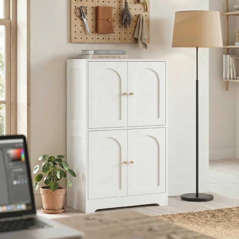 Homcom Alacena de Cocina, Armario Alto con 2 Estantes Ajustables, Aparador con 4 Puertas Abovedadas 60X30X110 cm, Blanco