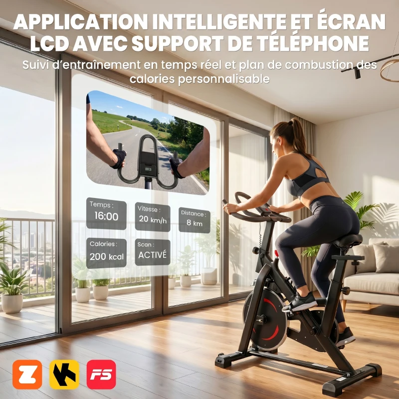 SPORTNOW Vélo d'Appartement Silencieux avec Résistance Réglable, APP Connectez via Bluetooth, Écran LCD, 111,5x52,5x114,5cm, Noir