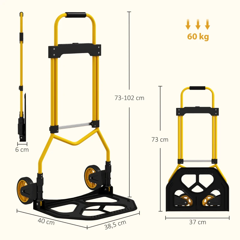 HOMCOM Carrinho Dobrável com Pega Telescópica Ajustável, Carga até 60 kg, com Rodas, para Garagem, Amarelo