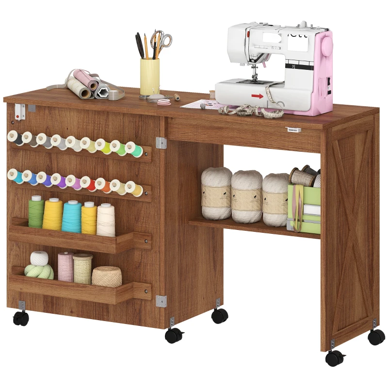 HOMCOM Mesa Máquina de Coser Plegable con Puerta Magnética 2 Compartimentos Estante 18 Soportes para Hilos 5 Ruedas Marrón