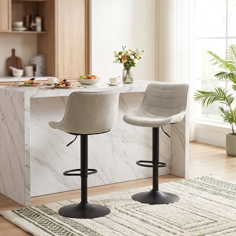HOMCOM Set 2 Sgabelli Bar Girevoli Regolabili con Base in Metallo e Schienale, Bianco Crema