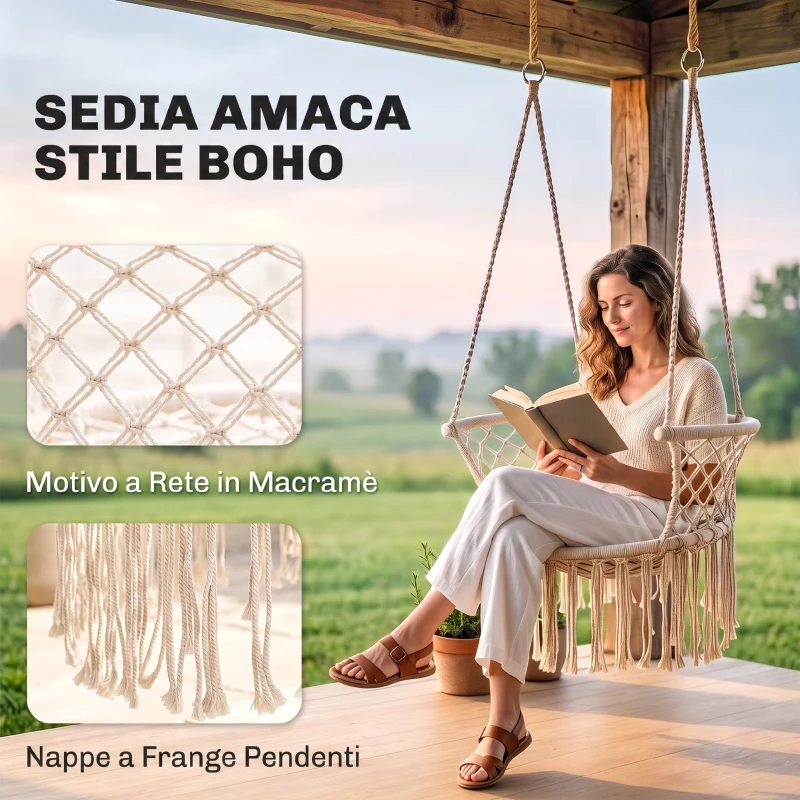 Outsunny Amaca da Giardino in Stile Boho Chic, Sedia Sospesa in Poliestere e Macramè per Interni ed Esterni, Crema, 80x60x36cm
