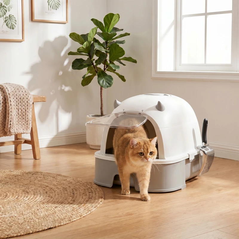 PawHut Katzentoilette Edelstahl mit abnehmbarem Deckel, Schaufel & Aktivkohlefilter für kleine bis mittelgroße Katzen, Grau