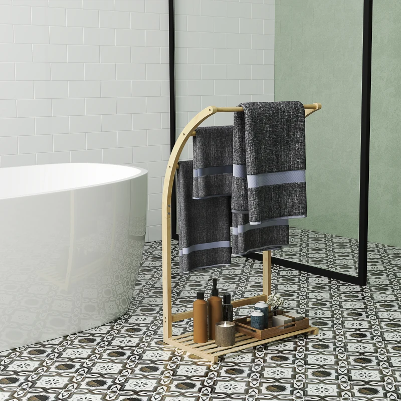 HOMCOM Toallero de Pie de Bambú con 3 Barras y Estante de Almacenamiento para Baño y Lavandería 50x29x84 cm Natural