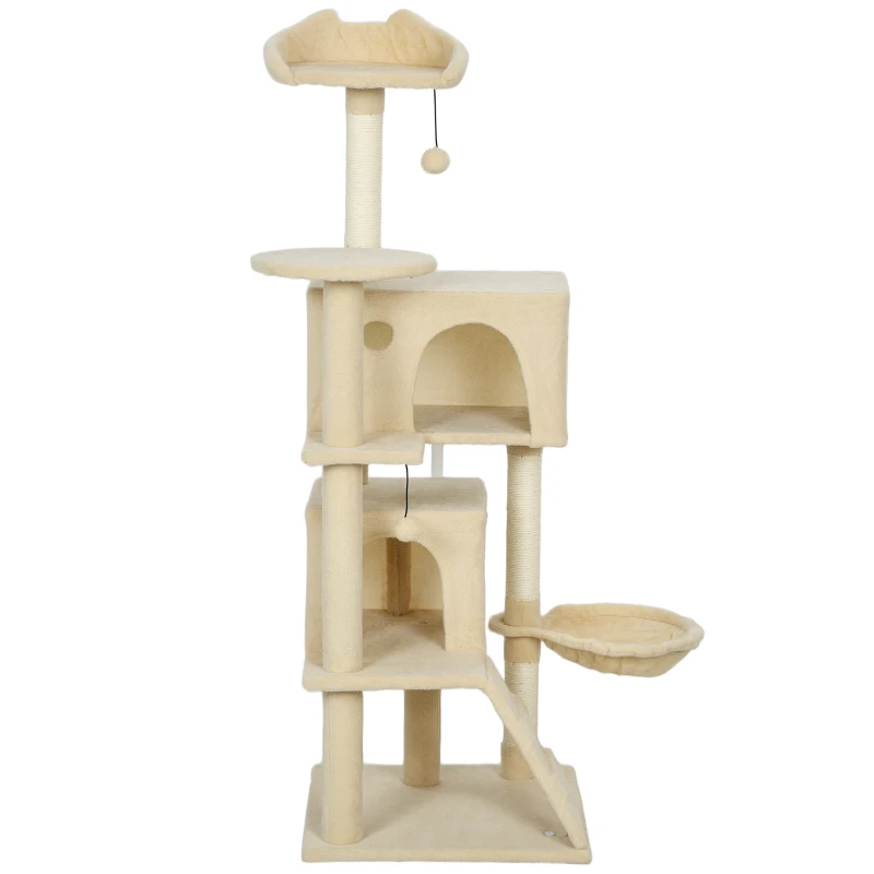PawHut Albero Tiragraffi per Gatti Alto 140 cm con 2 Casette, Amaca, Lettino e Pali in Sisal, Beige