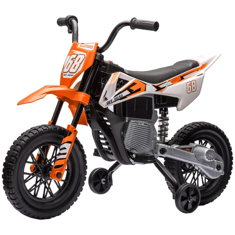 AIYAPLAY Moto Eléctrica para Niños 12V 2 Motores Suspensión Trasera Ruedas de Apoyo Desmontables Música Niños 3-6 Años Naranja