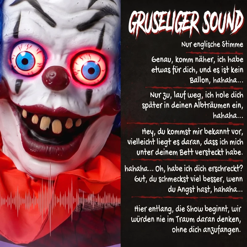 HOMCOM 167 cm lebensgroße animierte Halloween-Clown-Deko mit Sound- & Berührungsaktivierung