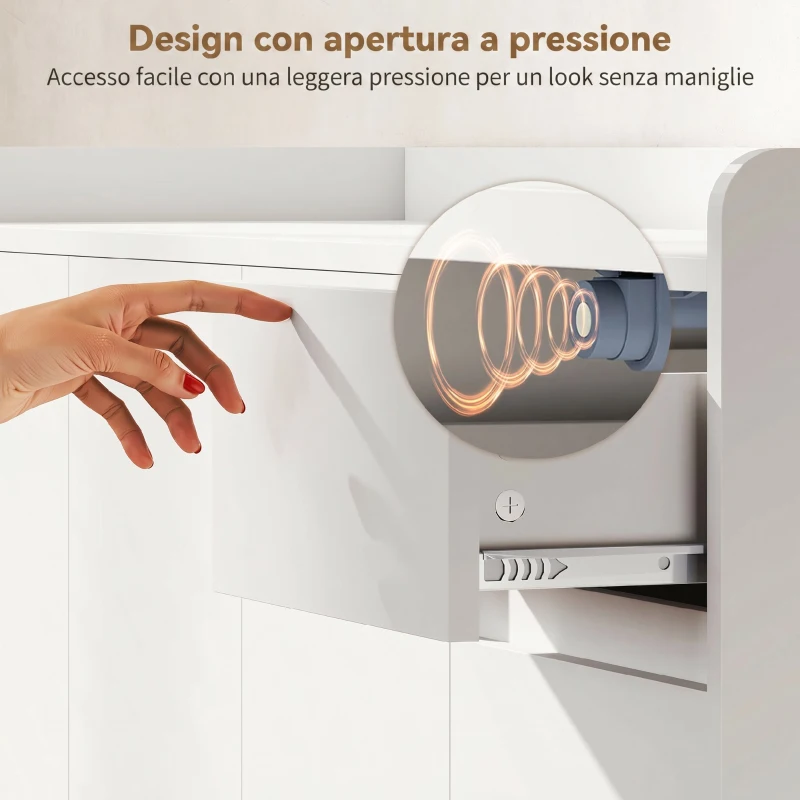 HOMCOM Scarpiera Ingresso in Legno con 4 Ante Design Push-to-Open, Ripiani Regolabili, Cassetto, 3 Vani Aperti, Bianco