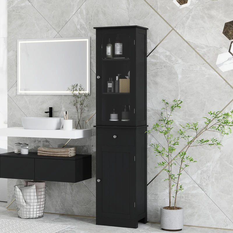 kleankin Mobile Colonna Bagno Salvaspazio con Armadietto, Cassetto e Ripiani in MDF, 40x27x171.5cm, Nero