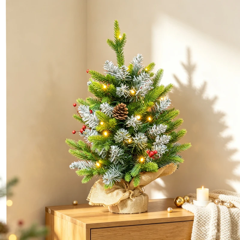 HOMCOM Árbol de Navidad Sobremesa 60 cm con 20 Luces LED 141 Ramas 5 Piñas 5 Racimos de Bayas Rojas y Soporte de Metal Verde