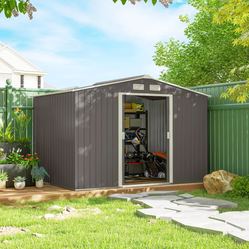 Outsunny Abri de jardin 5,4 m² 2,77 x 1,95 x 1,92 m kit de fondation porte coulissante ventilations acier galvanisé, gris