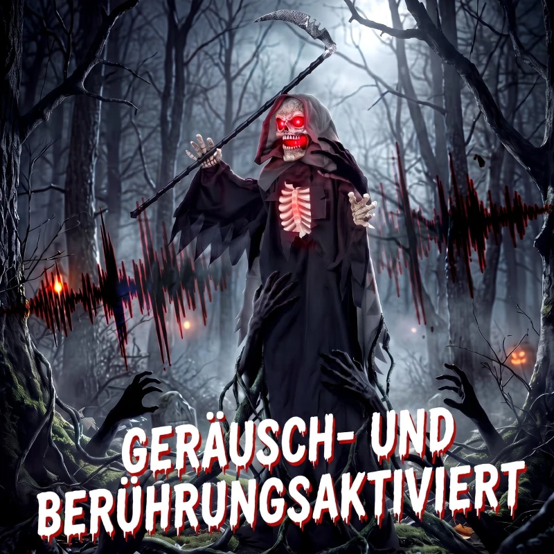 HOMCOM 170 cm Halloween Animierte Sensenmann Deko mit Sound- und Berührungsaktivierung, leuchtenden Augen und Brustkorb
