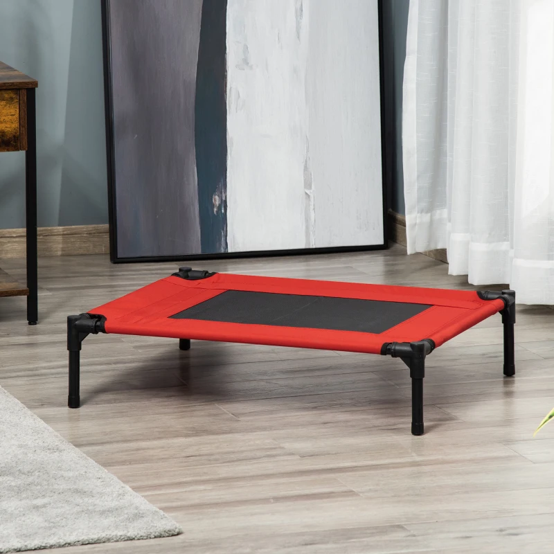 PawHut Lit surélevé pour chiens chats animaux de compagnie tissu oxford textilène micro-perforé 76 x 61 x 18 cm rouge et noir