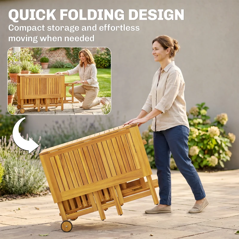 Outsunny 7 Pieces Garden Dining Set, Extending Dining Table and 6 Folding Chairs with Umbrella Hole for Patio, Natural Wood