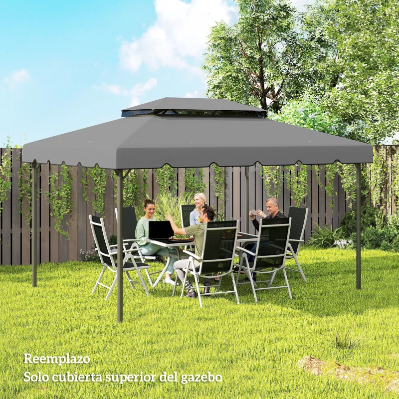 Outsunny Toldo de Recambio para Cenador 4x3 m con Techo Doble Orificios de Drenaje Solo Toldo NO Incluye Marco Gris Claro