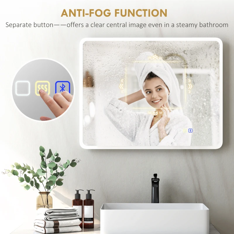 HOMCOM Espejo de Baño con Luz LED 90x70 cm con Bluetooth 3 Colores de Luz Función Antivaho Función de Memoria IP44