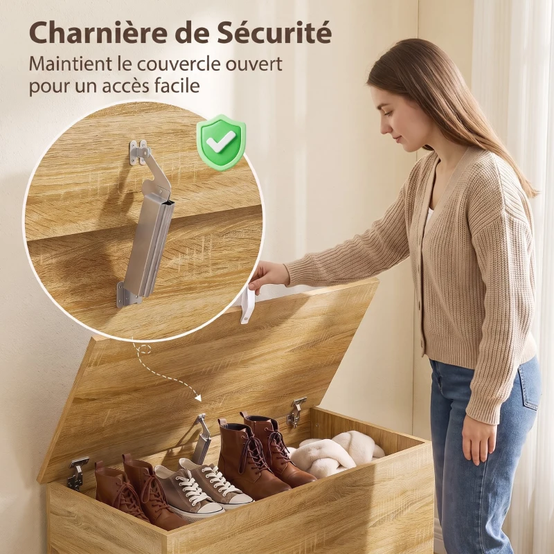 HOMCOM Coffre de Rangement, Banc de Rangement avec Couvercle Rabattable et Charnières de Sécurité, 80 x 40 x 45 cm, Naturel