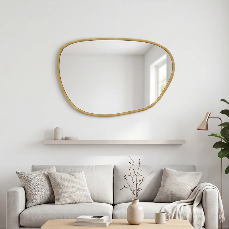 HOMCOM Miroir mural, miroir décoratif asymétrique 90x60cm en verre trempé pour salle de bain, chambre, salon, couloir, naturel