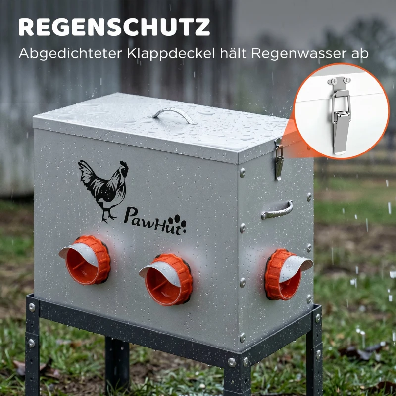PawHut Futterautomat Hühner 18 kg Füllmenge mit abschließbarer Deckel verstellbarer Beine 6 Öffnungen 42x25x55,5 cm Silber