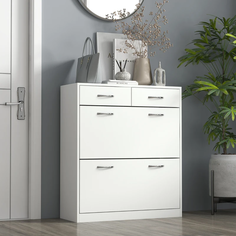 HOMCOM Mobile Scarpiera da 12 Paia con 2 Ripiani Interni Regolabili e 2 Cassetti, in Legno, 80x30x91.5 cm, Bianco