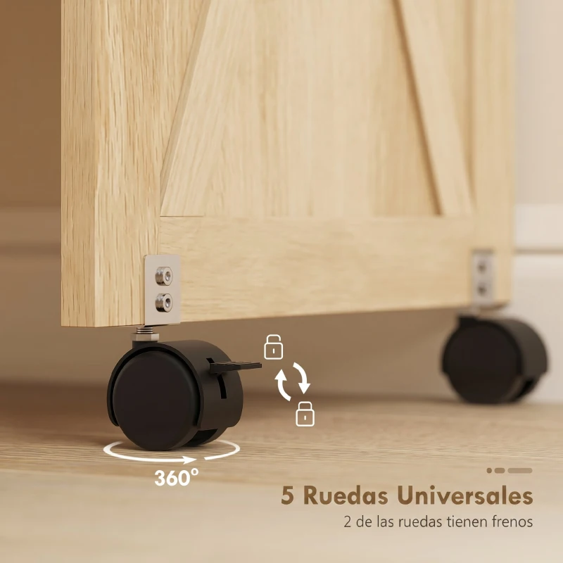 HOMCOM Mesa Máquina de Coser Plegable con Puerta Magnética 2 Compartimentos Estante 18 Soportes para Hilos 5 Ruedas Natural
