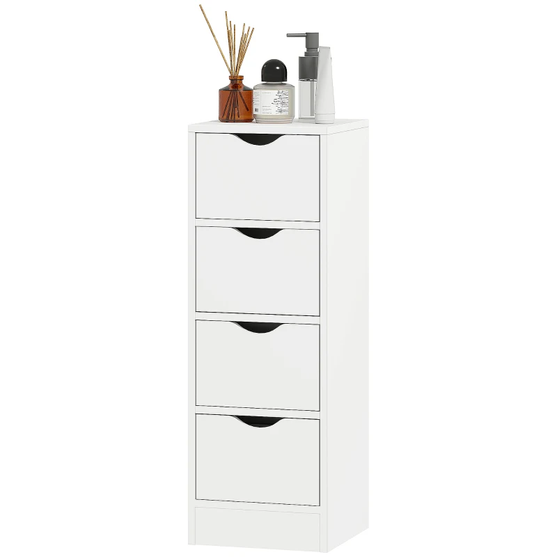 HOMCOM 4-Drawer Bathroom Cabinet, Freestanding Narrow Storage Cabinet with Groove Handles for Small Spaces, White