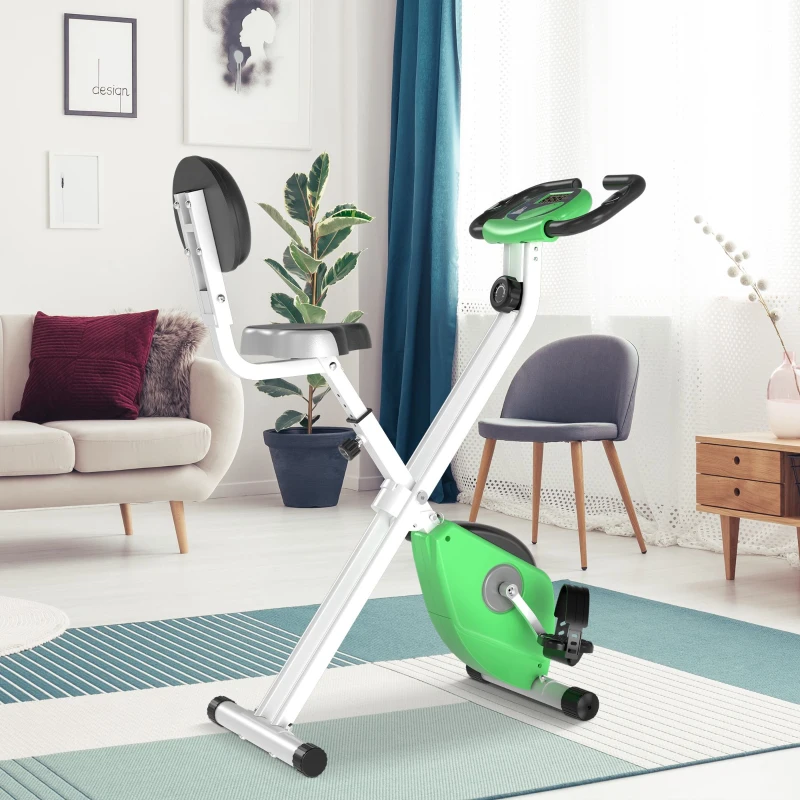 HOMCOM Folding Exercise Bike, Fitness Bicycle Indoor Trainer, Quiet 8-Level Magnetic Resistance, with LCD Monitor, Pulse Sensor and Wheels for Sport Maison and Cardio Training, Green