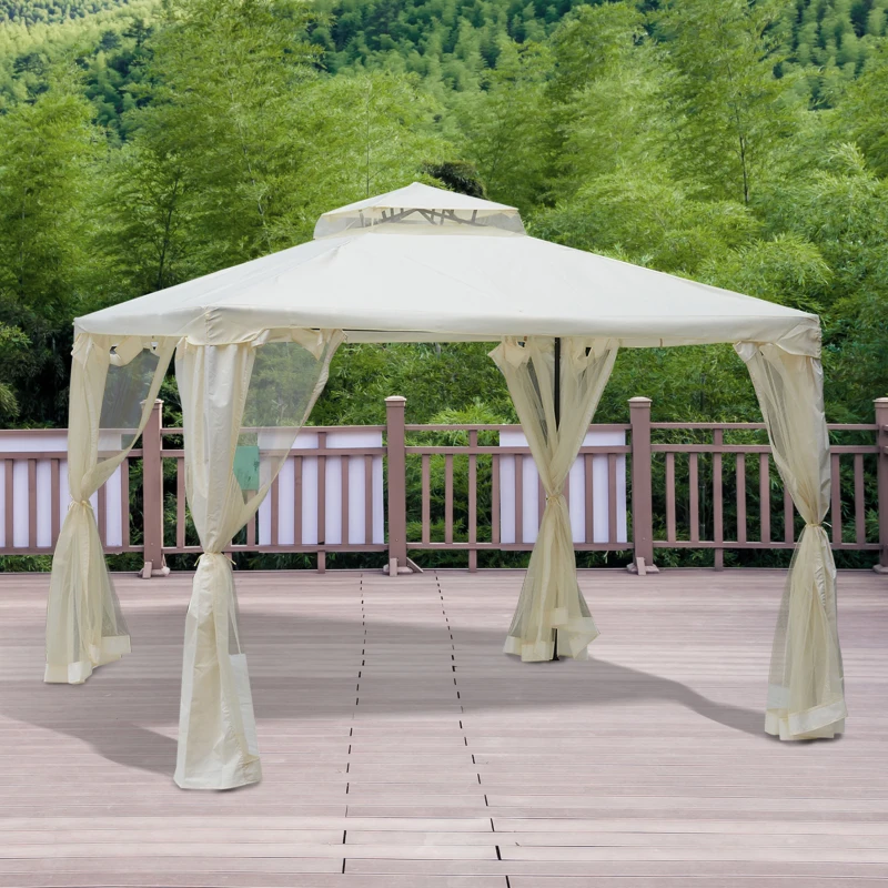 Outsunny Cenador de Jardín 3x3 m Pabellón de Exterior con Doble Techo de Ventilación 4 Cortinas Mosquiteras Laterales con Cremallera 8 Orificios de Drenaje Gazebo para Fiestas Patio Crema