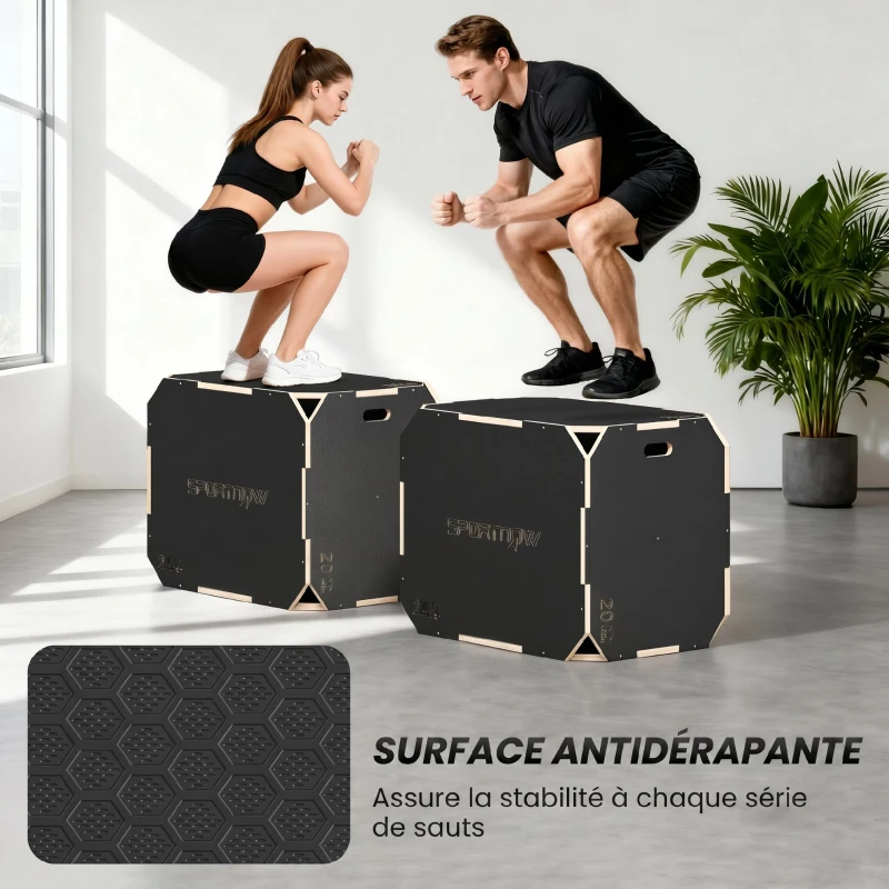 SPORTNOW Boîte Plométrique 3 en 1 en Bois pour Entraînement au Saut, Antidérapant et sans Coins, 76x61x51cm, Noir