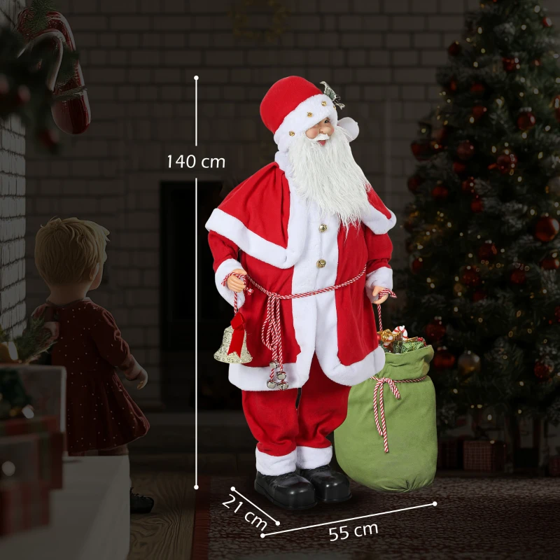 HOMCOM Figurine de Père Noël, Debout de Père Noël Rouge Traditionnelle 140 cm avec Sac de Cadeaux, Effets Sonores et Cloche