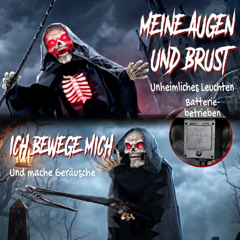 HOMCOM 170 cm Halloween Animierte Sensenmann Deko mit Sound- und Berührungsaktivierung, leuchtenden Augen und Brustkorb