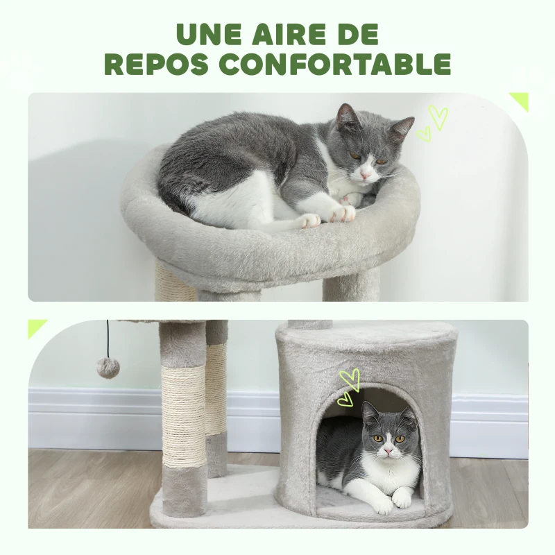 PawHut Arbre à chat tour de jeux pour chats griffoirs, plate-forme, niche, balle, tissu peluche, 60 x 45 x 90 cm, gris clair