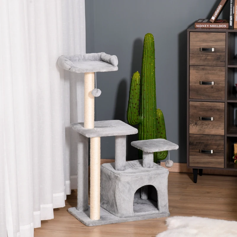 PawHut Árbol Rascador para Gatos Altura 114 cm con Postes de Sisal 3 Plataformas Casita y 2 Bolas Colgantes Gris Claro