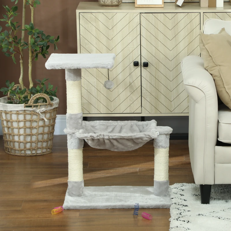 PawHut Tiragraffi per gatti 70 cm con amaca, piattaforma e pali in sisal, grigio chiaro