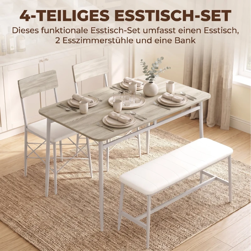 HOMCOM Ensemble Table Salle à Manger avec 2 Chaises et Banc, Assises Rembourrées, pour Salon, Petit Espace, Chêne et Blanc
