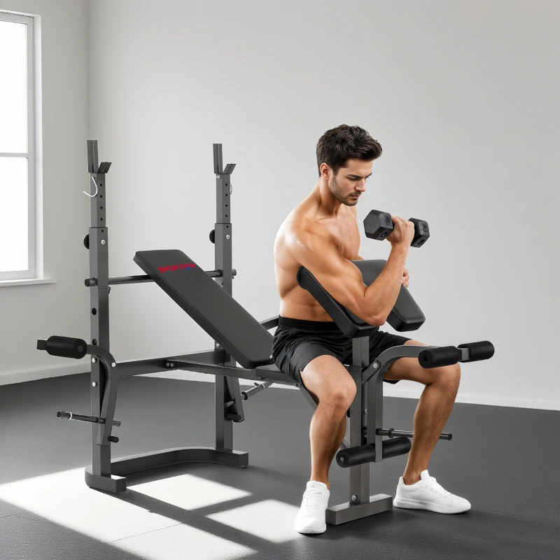 SPORTNOW Panca Palestra Multifunzione Regolabile con Rack Bilanciere con Leg Extension, Low Row, Arm Curl, Nero