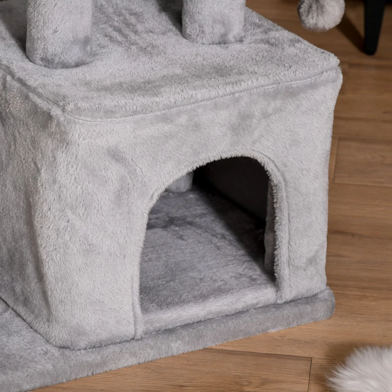 PawHut Árbol Rascador para Gatos Altura 114 cm con Postes de Sisal 3 Plataformas Casita y 2 Bolas Colgantes Gris Claro