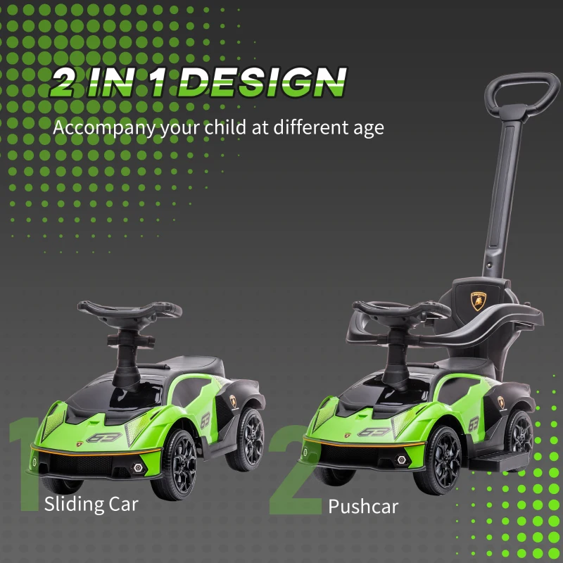 AIYAPLAY Lamborghini kindervoertuig 2-in-1, duwauto met duwstang en veiligheidsbeugel, stuur en toeter, groen